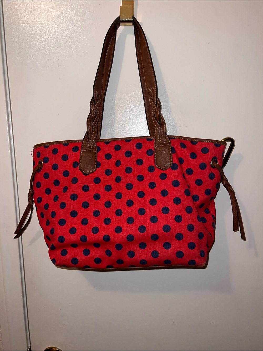 Red Canvas Tote with Navy Polka Dots and Brown Trim
